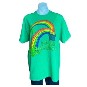 ST PATRICKS DAY Double Rainbow Pot of Gold Clover Green Graphic Tee Womens XL